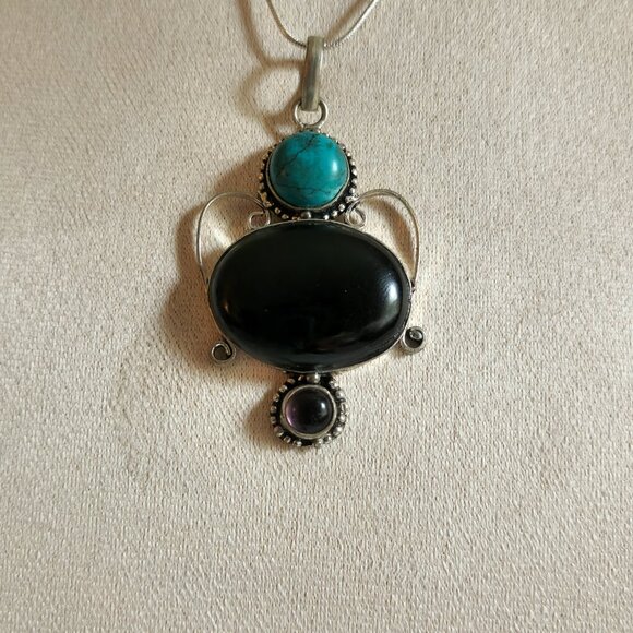 HANDCRAFTED NATURAL ONYX TURQUOISE AMETHYST PENDANT 18" CHAIN NEW - Picture 3 of 11